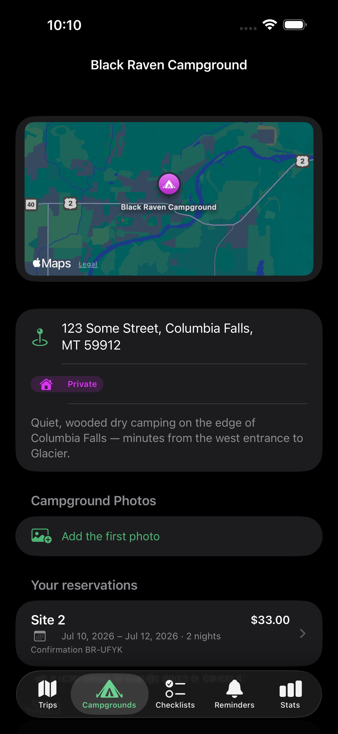 A managed campground with reservable $15/night sites in Camp Expert